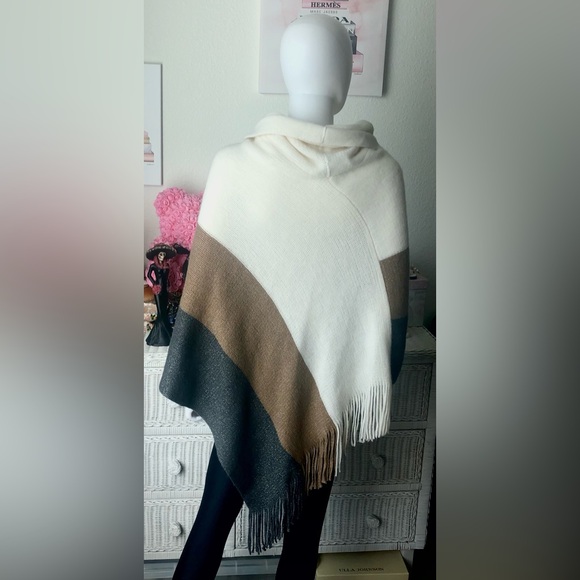 Chico’s Cozy Tri - Color Block Striped Cowl neck Poncho Brown/Grey/Cream colors - Picture 1 of 7